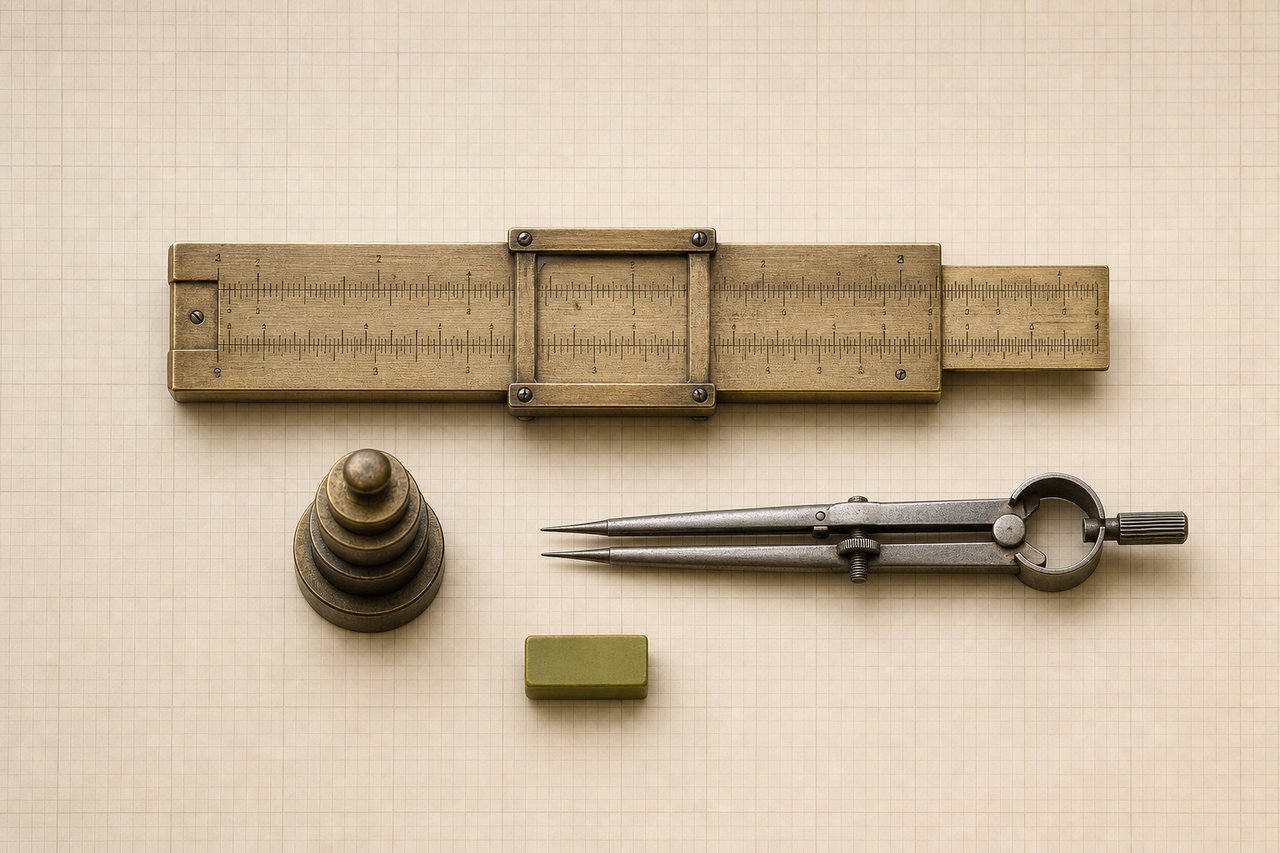 A brass slide rule with its centre section drawn part way out, a stack of jeweller's weights and a pair of dividers, arranged on graph paper.