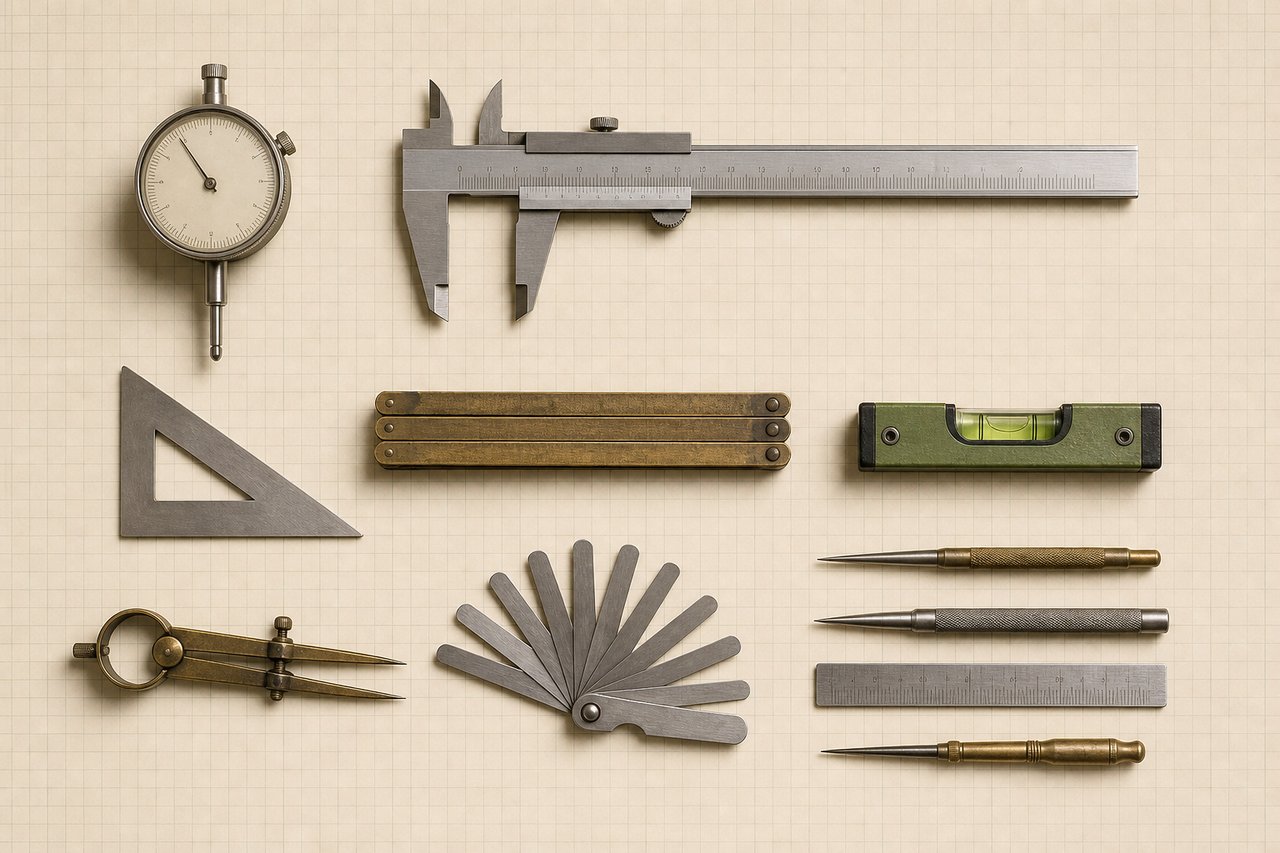 Eleven small precision hand instruments — dial gauge, vernier caliper, set square, folding rule, spirit level, dividers, feeler gauge and scribers — arranged in a loose grid on graph paper.