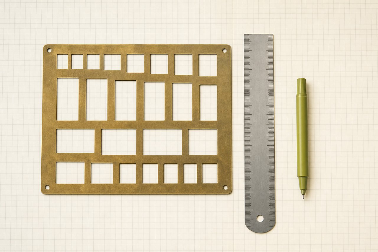 A brass drawing stencil with rectangular cut-out windows, a steel rule and an olive-green marker pen, laid out on graph paper.