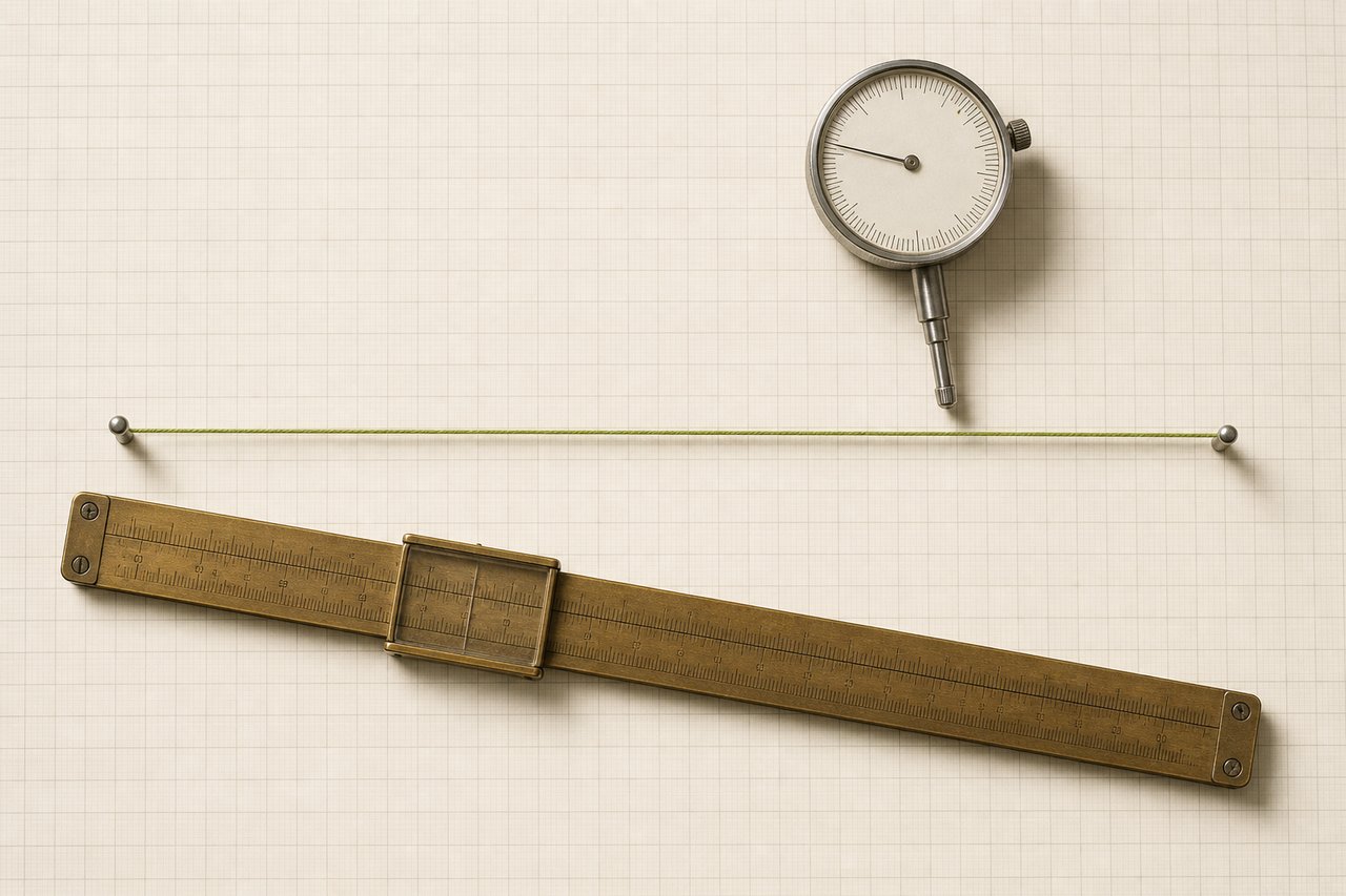 A dial gauge with its needle resting off centre, a brass slide rule below it, and a thin olive-green thread stretched taut between two pins on graph paper.