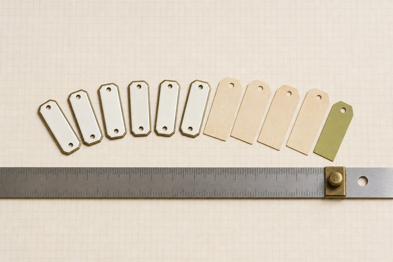 A fanned row of blank enamel index plates and paper tags on graph paper, with a graduated steel rule laid along the row as if measuring its length.